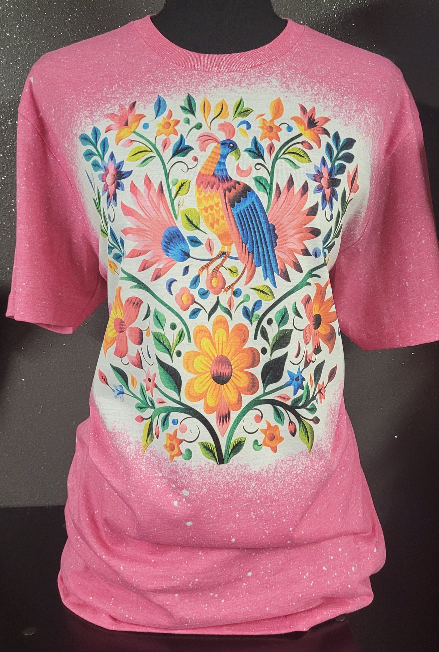 Pink Mexican floral embroidery tee