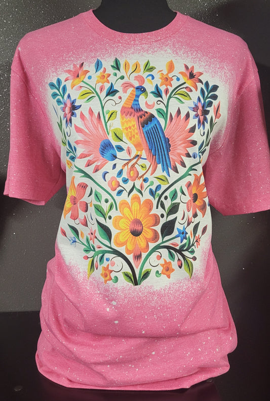 Pink Mexican floral embroidery tee