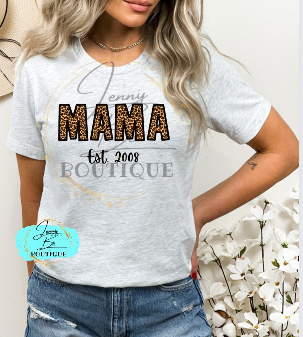 Cheetah Mama Est 2008 Faux Embroidered