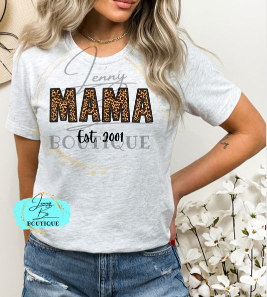 Cheetah Mama Est 2001 Faux Embroidered