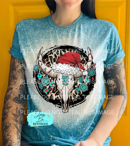 Western Christmas Cow Skull Bleached Tee