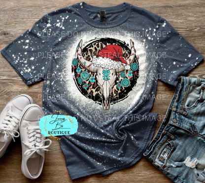 Western Christmas Cow Skull Bleached Tee