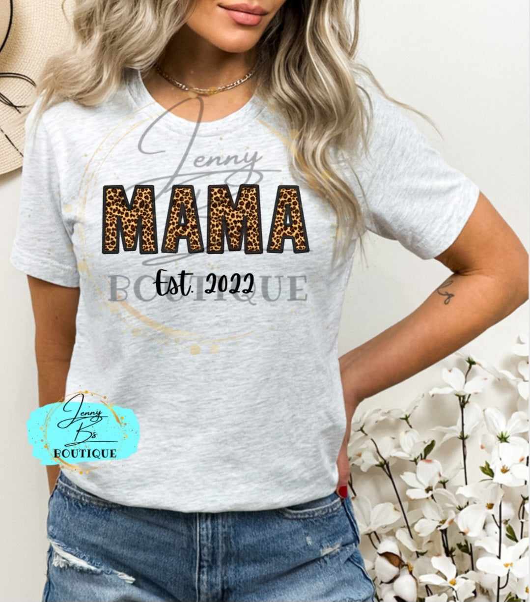 Cheetah Mama Est 2022 Faux Embroidered