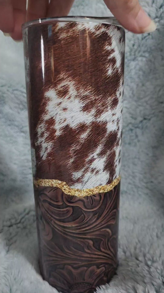 Tooled Leather Cow Print Tumbler