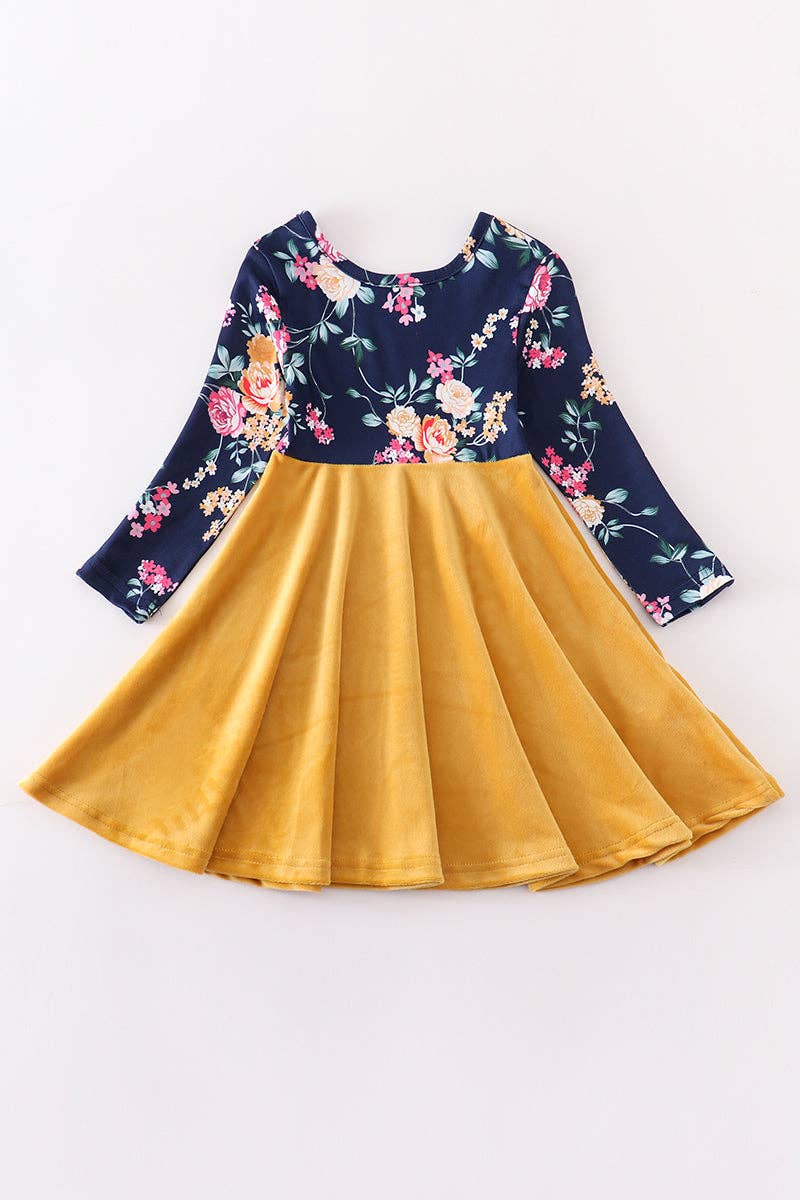 Mustard floral velvet twirl dress